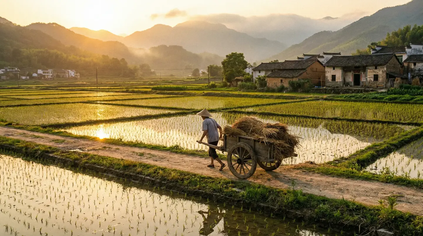 英语老师的大白兔子又大又好吃 - 金色夕阳下的乡村田野，老农推着木车行走在田埂上