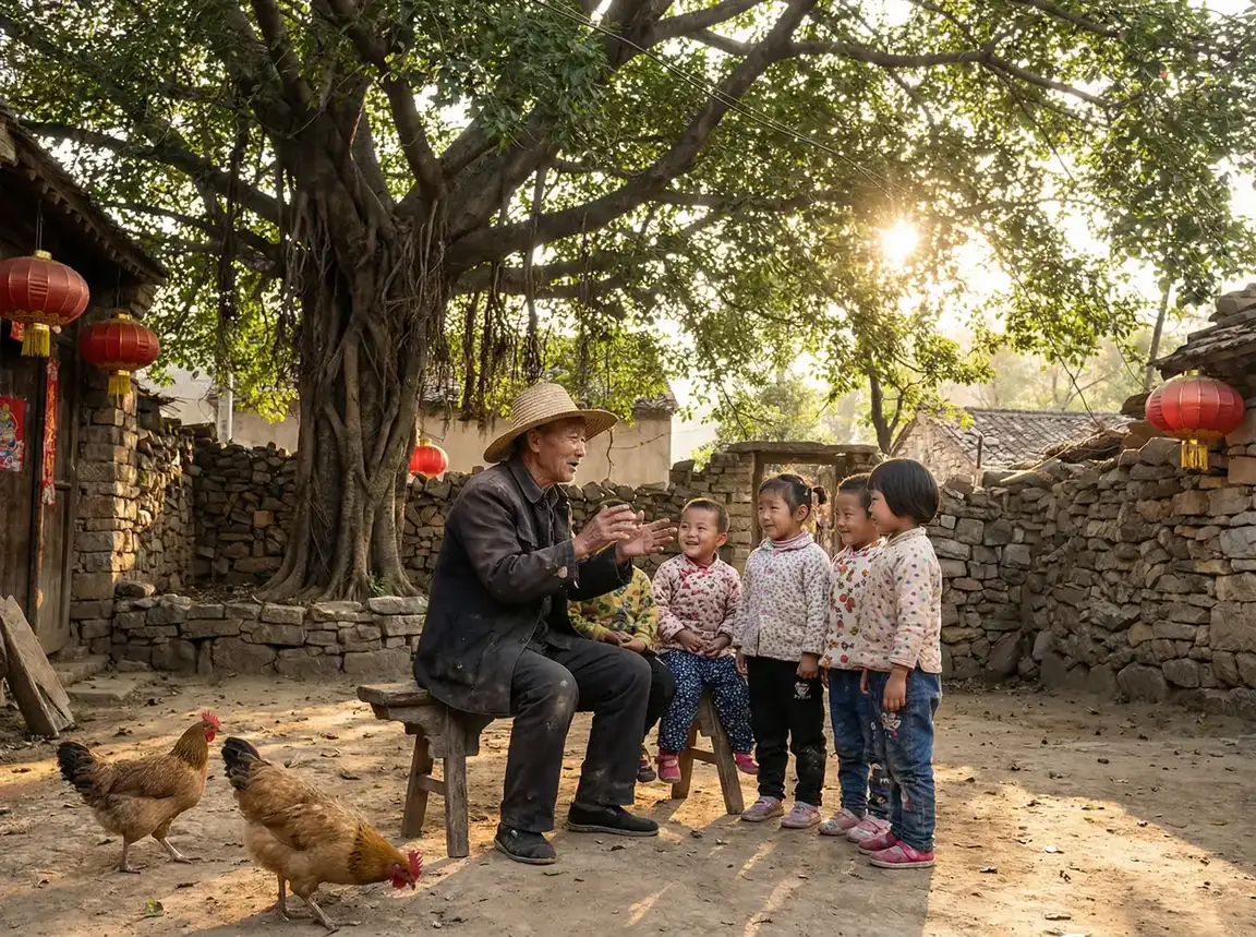老人在大榕树下给孩子们讲故事 - 英语老师的大白兔子又大又好吃 乡村记忆